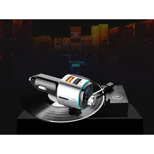Bluetooth FM autós töltő, gyorstöltés, 2× USB, LED háttérvilágítás