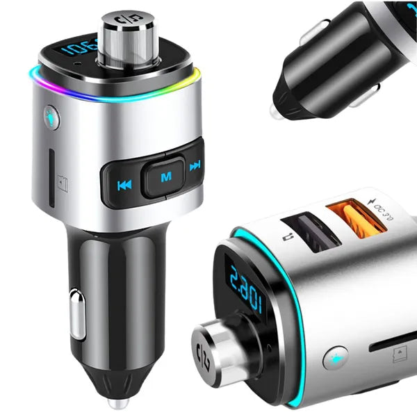 Bluetooth FM autós töltő, gyorstöltés, 2× USB, LED háttérvilágítás
