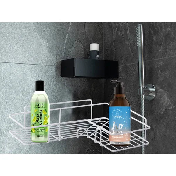 Loft sarok zuhanypolc akasztókkal, fehér, fúrás nélkül, öntapadós