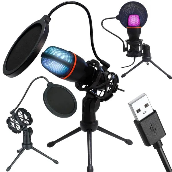 USB RGB kardioid stúdiómikrofon tripod állvánnyal és popfilterrel
