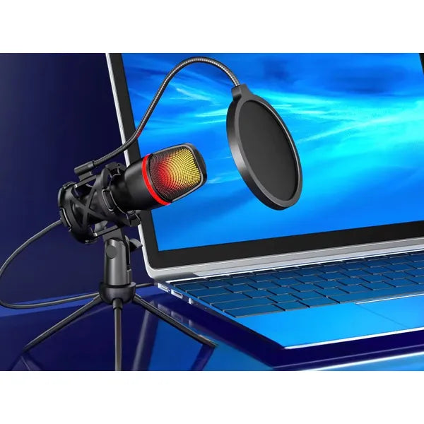 USB RGB kardioid stúdiómikrofon tripod állvánnyal és popfilterrel