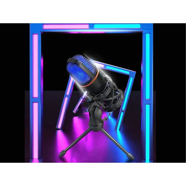 USB RGB kardioid stúdiómikrofon tripod állvánnyal és popfilterrel