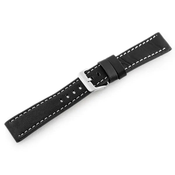 24 mm fekete bőr óraszíj fehér varrással, ezüst csattal