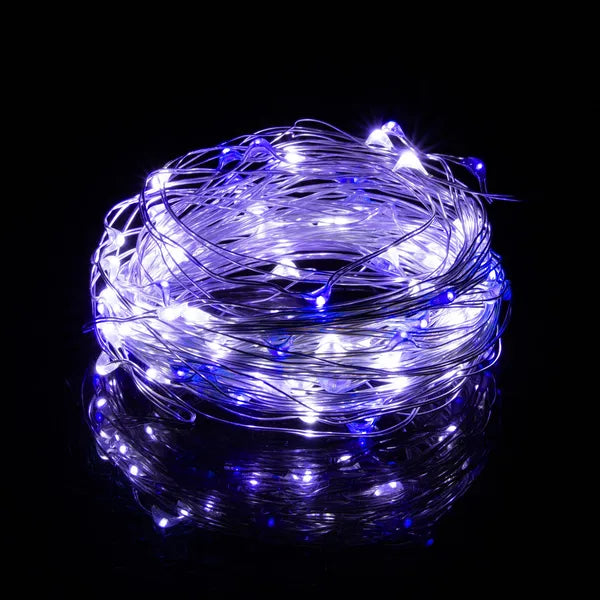 100 LED-es mikro dekorfény, elemre, 9,9 m, hideg fehér + kék
