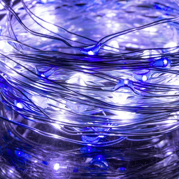 100 LED-es mikro dekorfény, elemre, 9,9 m, hideg fehér + kék