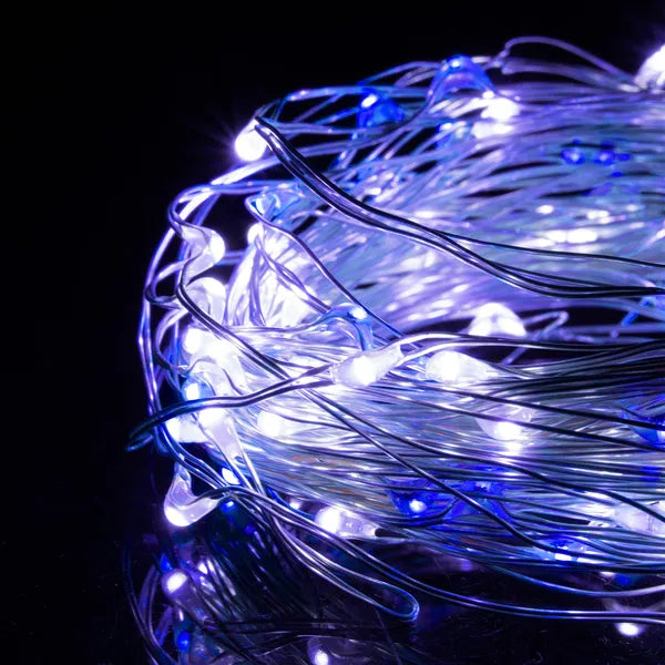 100 LED-es mikro dekorfény, elemre, 9,9 m, hideg fehér + kék