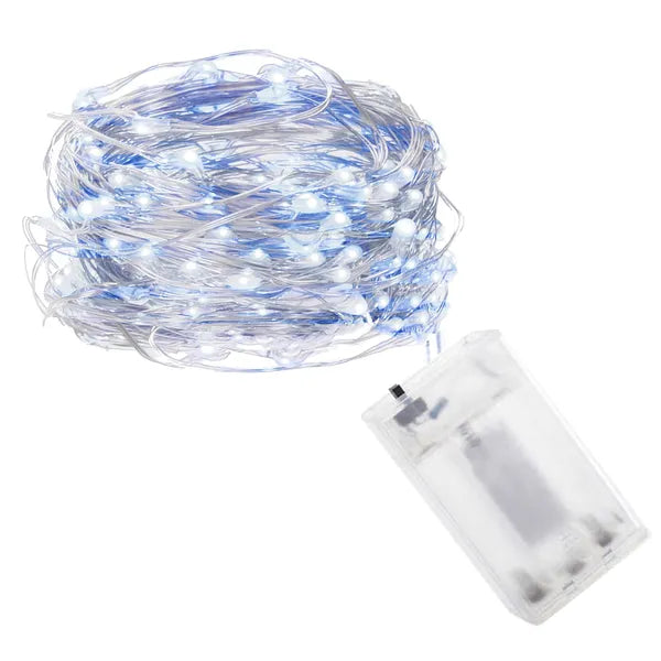 100 LED-es mikro dekorfény, elemre, 9,9 m, hideg fehér + kék