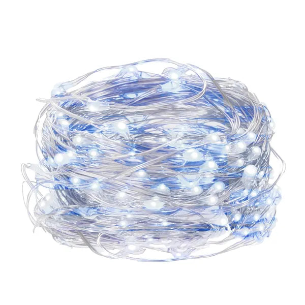 100 LED-es mikro dekorfény, elemre, 9,9 m, hideg fehér + kék