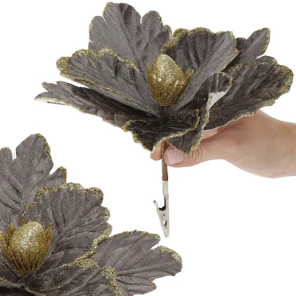 Karácsonyi mikulásvirág dekoráció, 20 cm, szürke-arany glitter