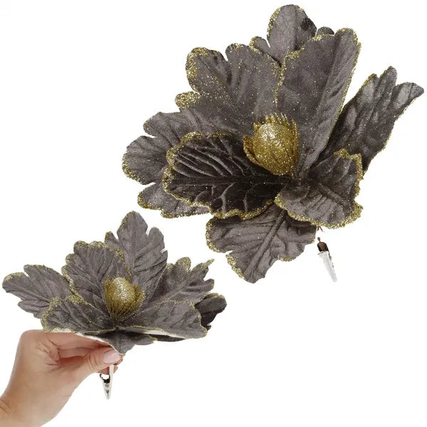 Karácsonyi mikulásvirág dekoráció, 20 cm, szürke-arany glitter