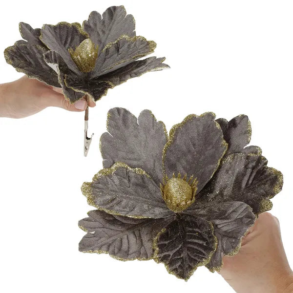 Karácsonyi mikulásvirág dekoráció, 20 cm, szürke-arany glitter