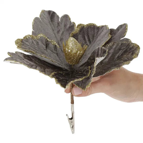Karácsonyi mikulásvirág dekoráció, 20 cm, szürke-arany glitter