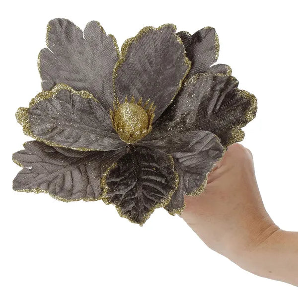 Karácsonyi mikulásvirág dekoráció, 20 cm, szürke-arany glitter