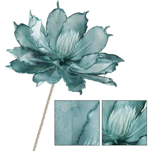 Művirág turkiz-ezüst csillámos, 74 cm, 17 szirmú dekoráció