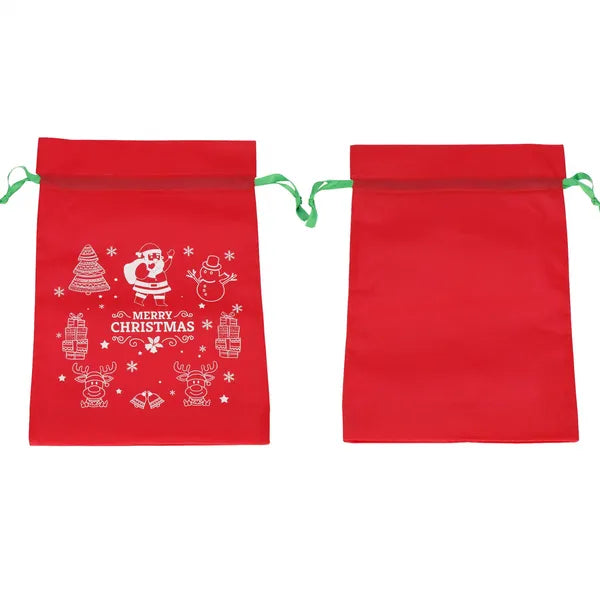 Ajándéktasak 36x24,5 cm, piros–fehér–zöld, hópehely és Mikulás mintával, műanyag