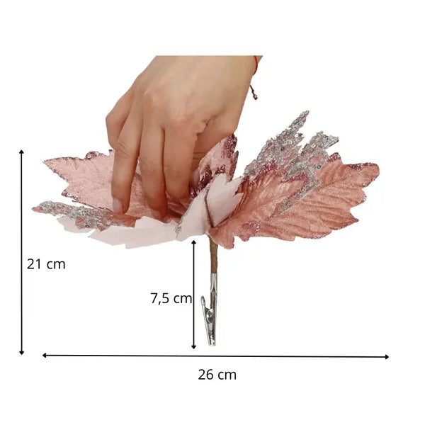 Mikulásvirág karácsonyi dísz klipsszel, 25 cm, rózsaszín-ezüst csillám