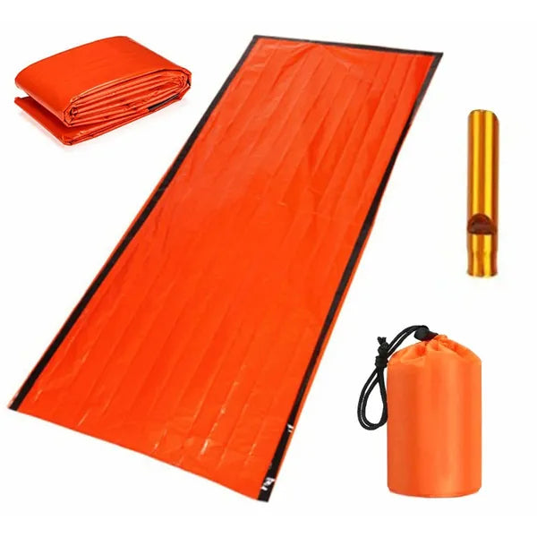 Termo vészhálózsák mentősíppal felszerelt tároló táskával, hőtartó, vízálló és szélálló, 200x90 cm, narancssárga