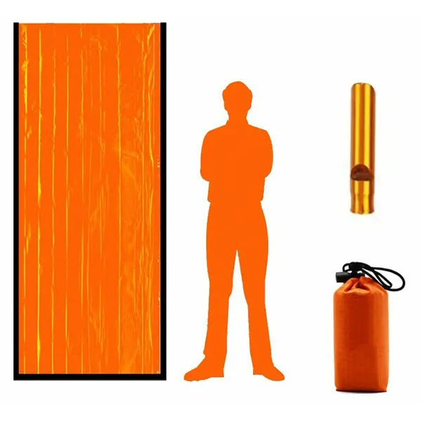Termo vészhálózsák mentősíppal felszerelt tároló táskával, hőtartó, vízálló és szélálló, 200x90 cm, narancssárga