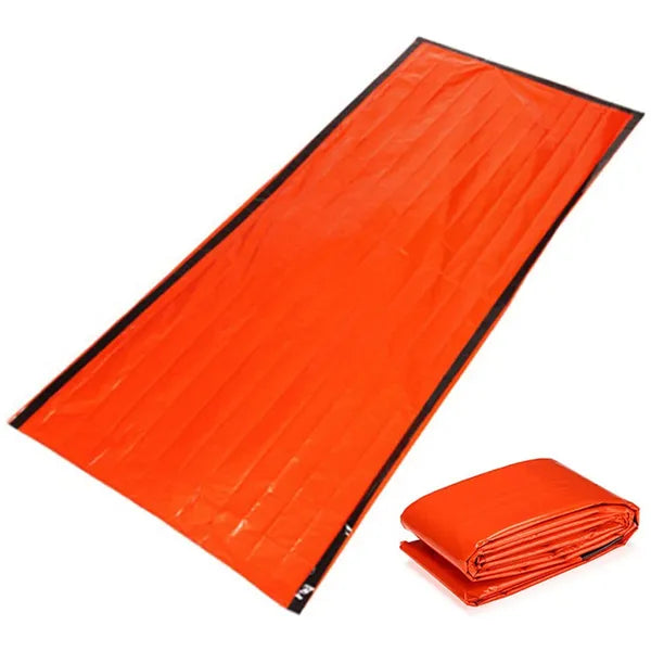 Termo vészhálózsák mentősíppal felszerelt tároló táskával, hőtartó, vízálló és szélálló, 200x90 cm, narancssárga