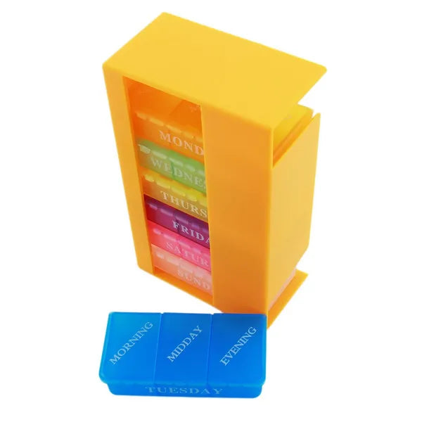 7 napos színes gyógyszeradagoló doboz, műanyag, 14,2×8,5×4,6 cm