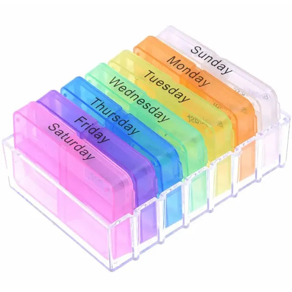 7 napos színes gyógyszer-adagoló műanyag doboz 10,5×7,5×4,6 cm