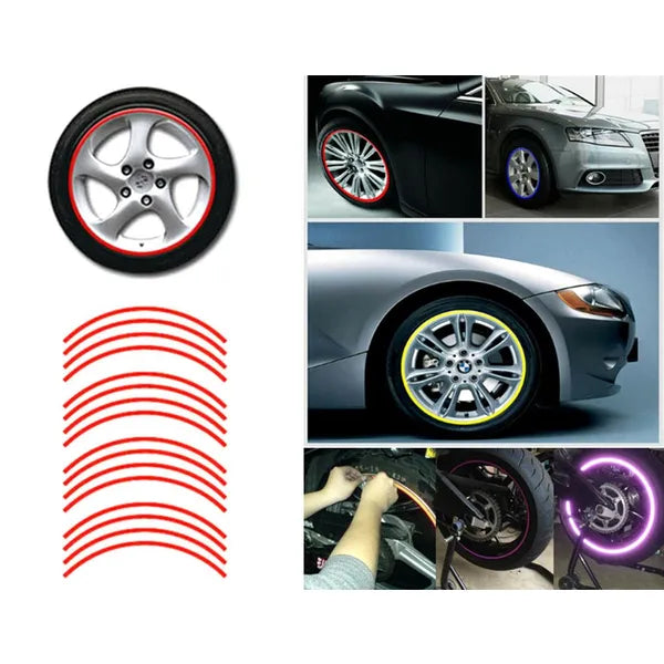 Piros fényvisszaverő felni matrica szett autóhoz/motorhoz, 16 db, 16-18''