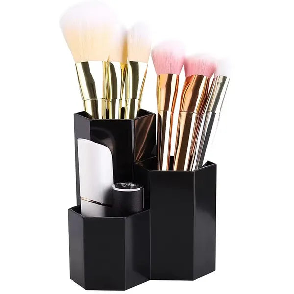 Fekete 3 rekeszes PP sminkecsettartó 11,7×11,7×11,7 cm