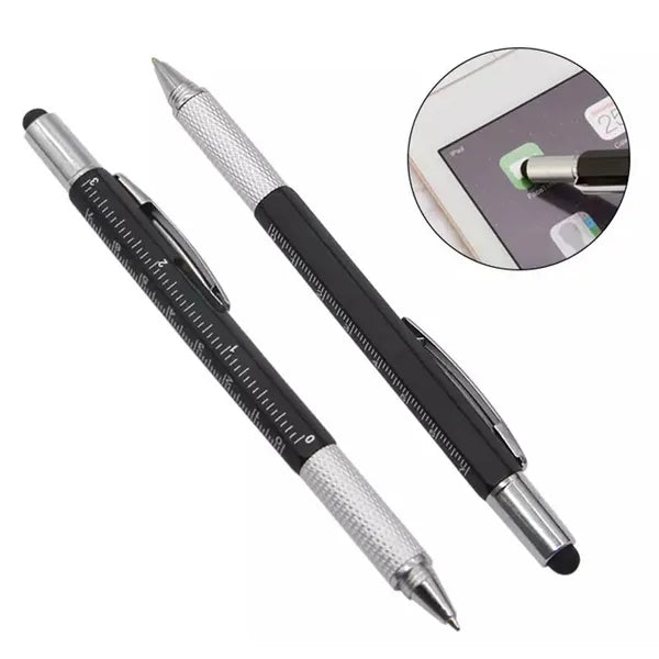 Multifunkciós 6-az-1 toll stylus, vízmérték, csavarhúzó – fekete-ezüst