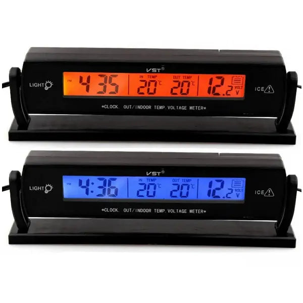 Autós LCD külső-belső hőmérő óra és voltmérő, 12 V, kék/narancs fény