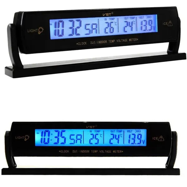 Autós LCD külső-belső hőmérő óra és voltmérő, 12 V, kék/narancs fény