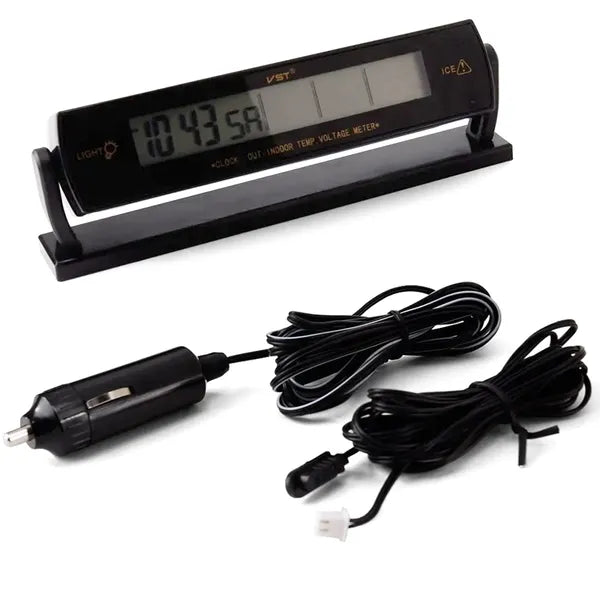 Autós LCD külső-belső hőmérő óra és voltmérő, 12 V, kék/narancs fény