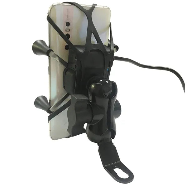 Univerzális motorkerékpáros telefontartó USB töltőporttal, 12–24 V, fekete