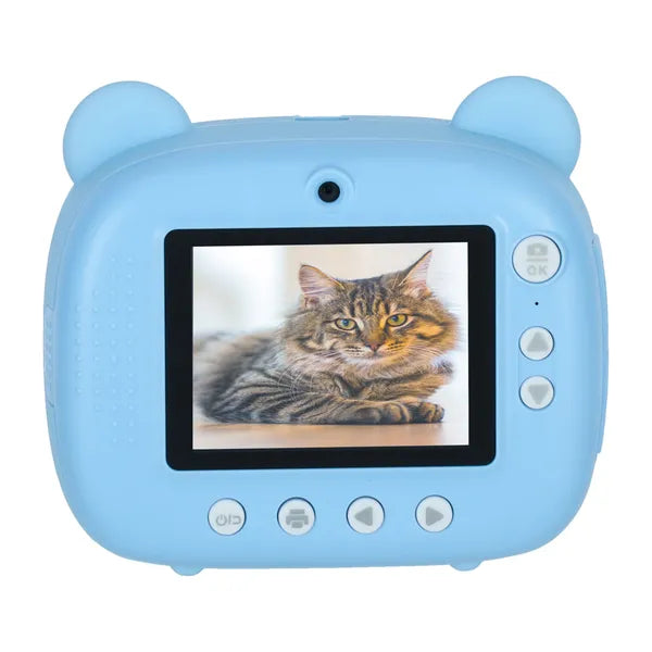 Gyerek azonnali fényképezőgép kék maci dizájn, 1080p, nyomtató, 32 GB