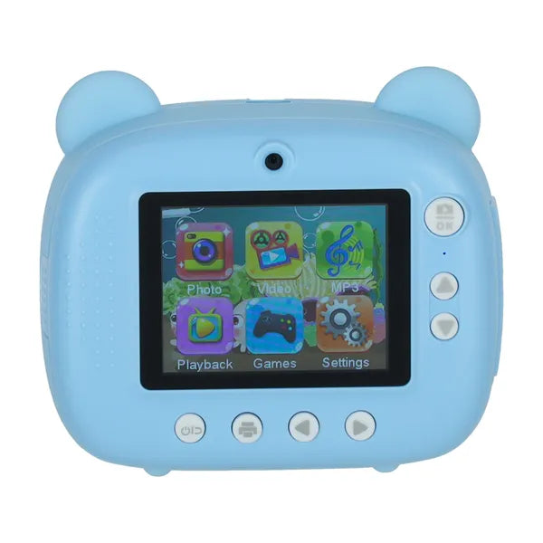 Gyerek azonnali fényképezőgép kék maci dizájn, 1080p, nyomtató, 32 GB