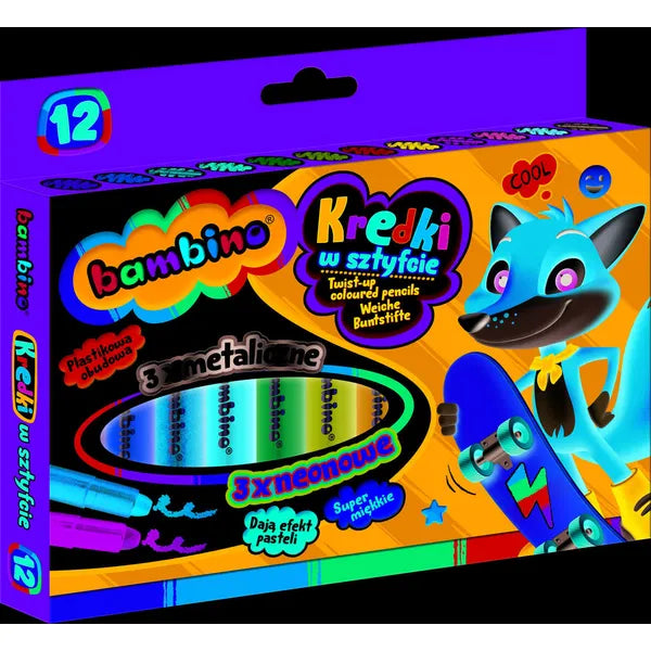 Bambino tekerhető zsírkréta készlet 12 színnel, pasztell/metallic/neon
