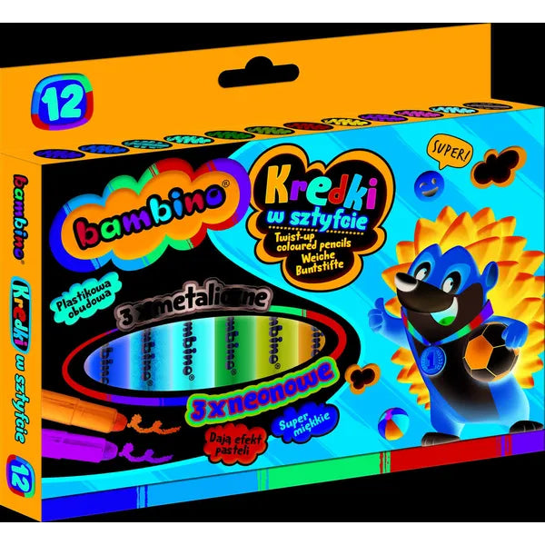 Bambino tekerhető zsírkréta készlet 12 színnel, pasztell/metallic/neon