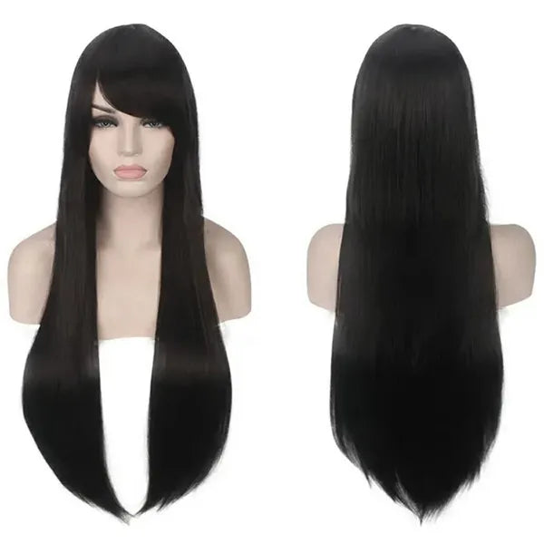 Hosszú fekete szintetikus paróka 80 cm cosplay, szellőző háló