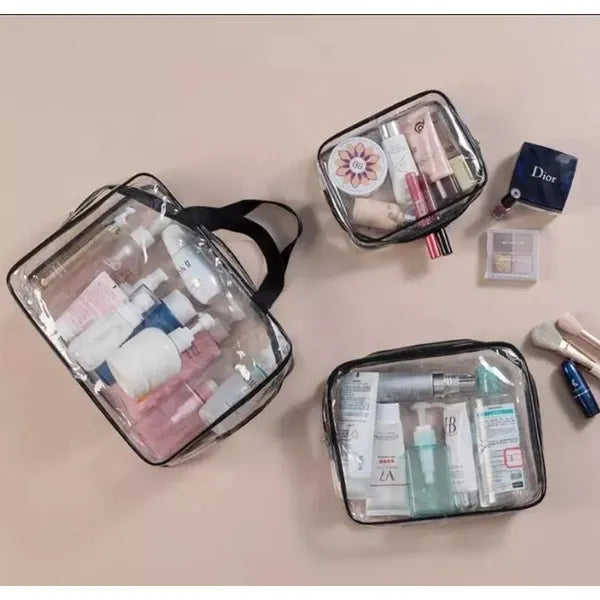 3 részes átlátszó kozmetikai táska készlet, vízálló poliészter, fekete szegéllyel
