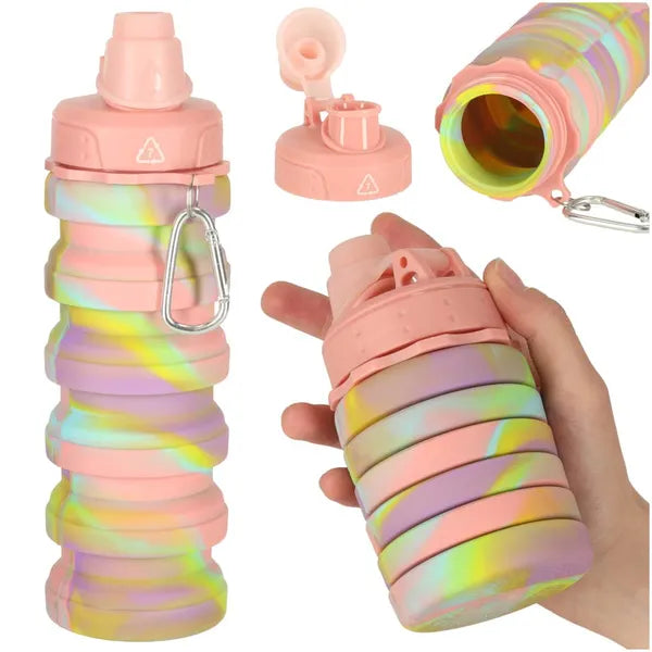 Szilikon összecsukható sport kulacs fogantyúval, 500 ml, szivárvány