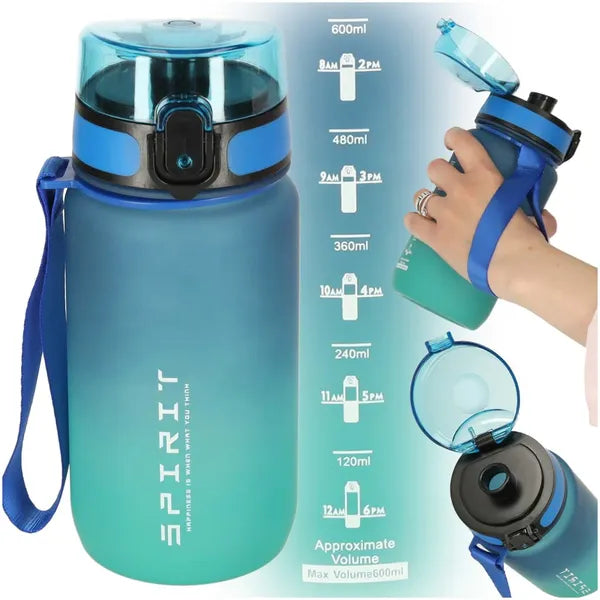 Sport kulacs szívószállal, csuklópánttal, 600 ml, kék-zöld