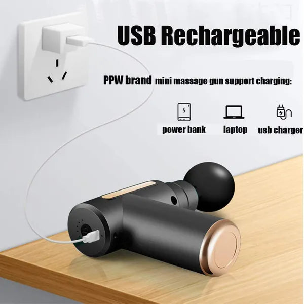 Mini masszázs pisztoly 20W, 1800-3200 ütés/perc, 4 fej, USB, piros