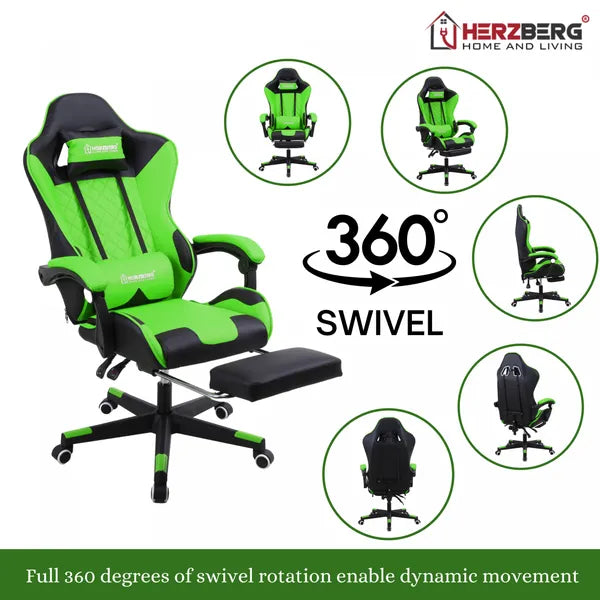 Ergonomikus gamer és irodai szék, piros PVC bőr, kihúzható lábtartó, 120 kg