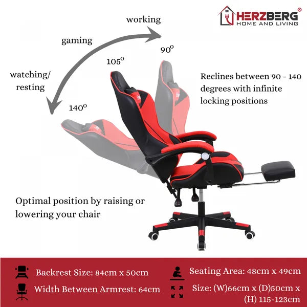 Ergonomikus gamer és irodai szék, piros PVC bőr, kihúzható lábtartó, 120 kg