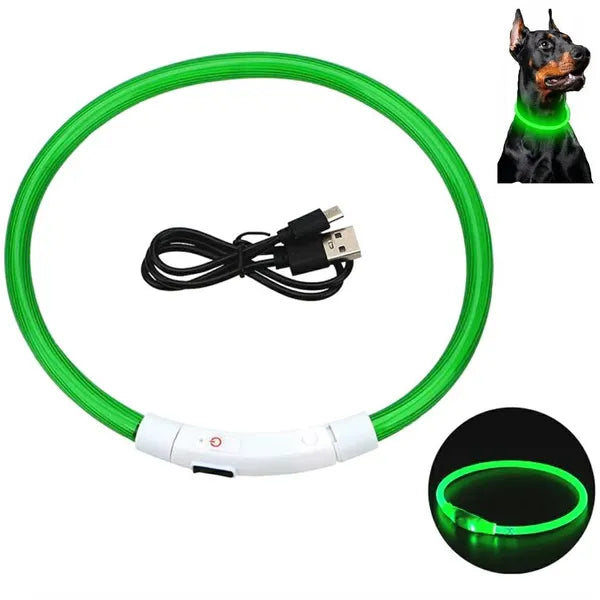 Állítható zöld LED nyakörv kutyáknak, USB-akku, L (max 70 cm)