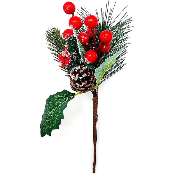 Karácsonyi dekoratív ág, 23 cm, tobozokkal és bogyókkal, PP műanyag
