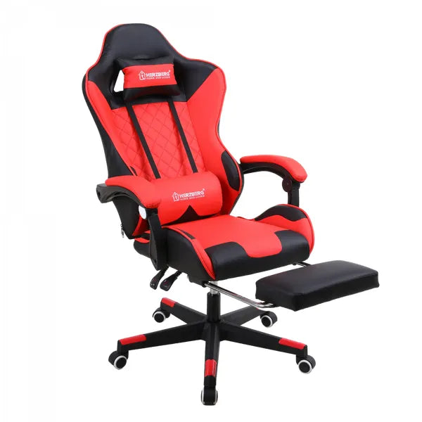 Ergonomikus gamer és irodai szék, piros PVC bőr, kihúzható lábtartó, 120 kg
