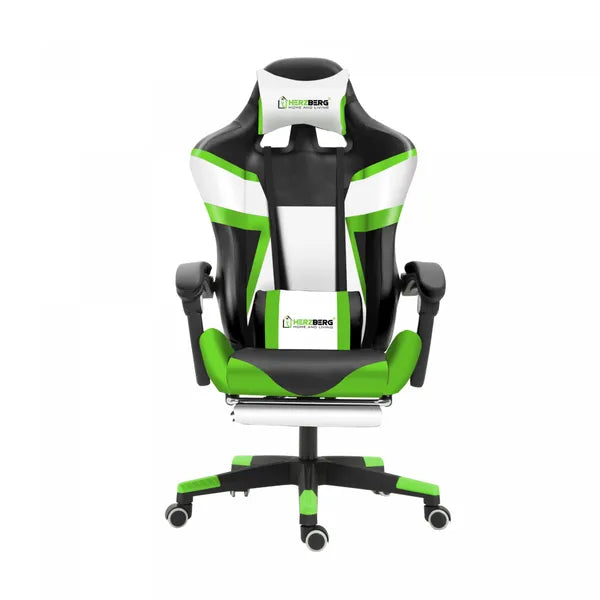 Herzberg HG-8082 triszínű zöld gamer és irodai szék lábtartóval, dönthető