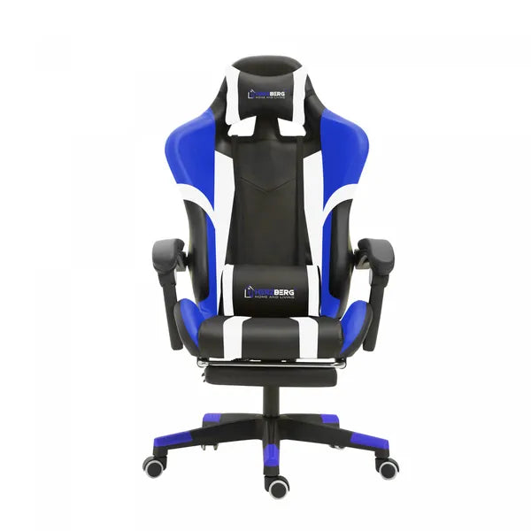 Ergonomikus kék gamer és irodai szék lábtartóval, dönthető, 120 kg