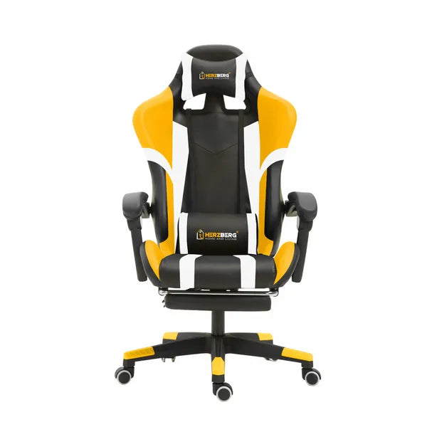 Ergonomikus gamer- és irodai szék, sárga, lábtartóval, 90-140° döntés, 120 kg