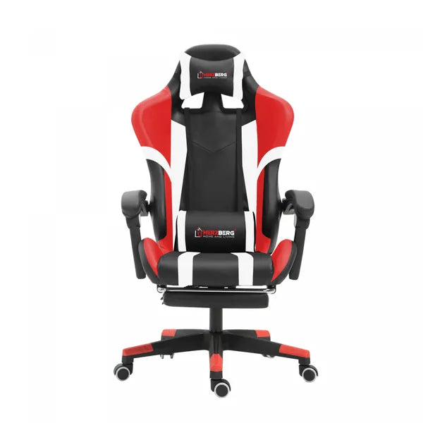 Herzberg gamer- és irodai szék piros trikolor, lábtartó, 140°-ig dönthető